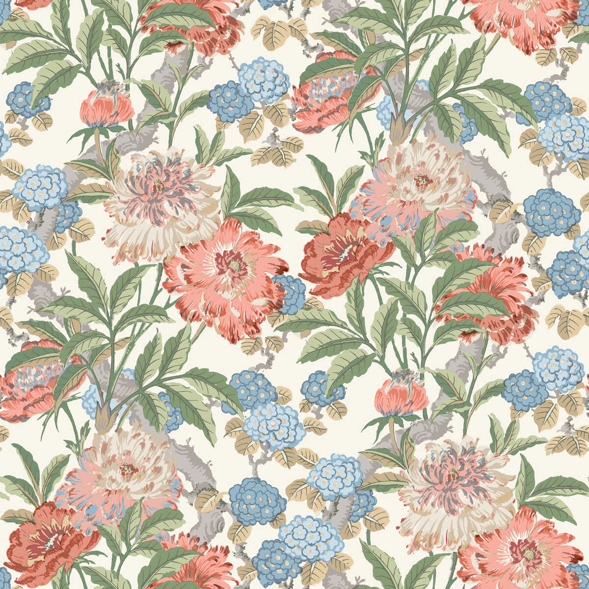 Summer Peony - Red/Green - G P & J BAKER Wallpaper