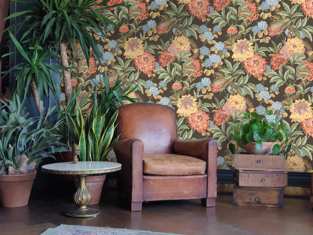 Summer Peony - Charcoal/Jewel - G P & J BAKER Wallpaper