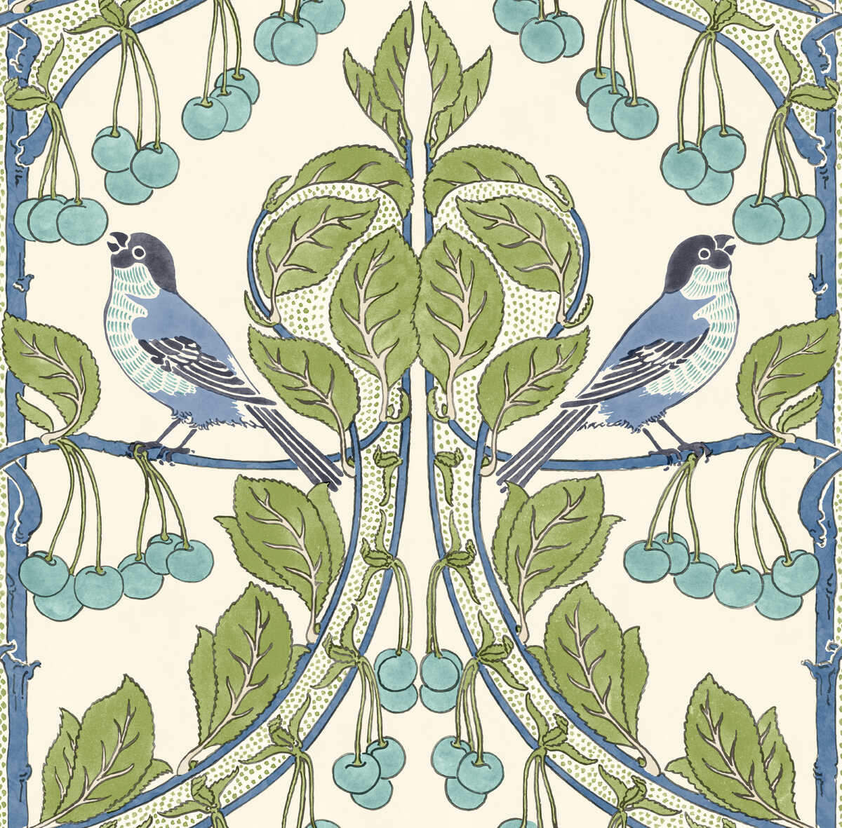 Birds & Cherries - Green/Blue - G P & J BAKER Wallpaper