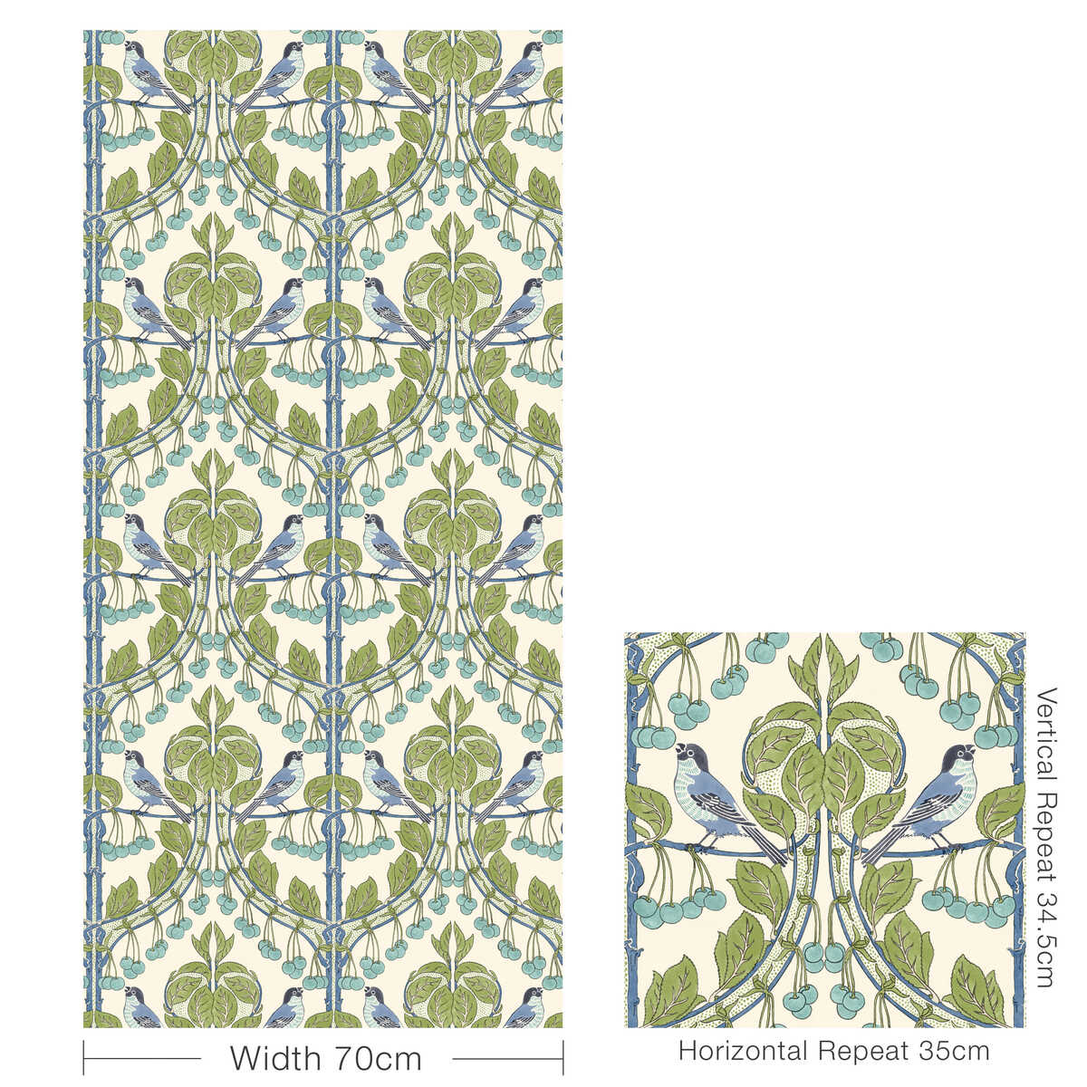 Birds & Cherries - Green/Blue - G P & J BAKER Wallpaper