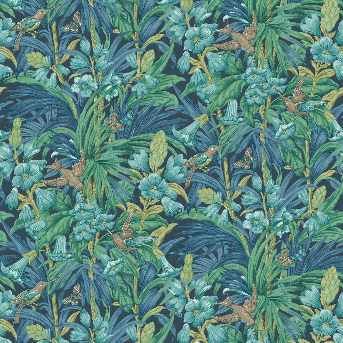 Trumpet Flowers - Indigo/Teal - G P & J BAKER Wallpaper