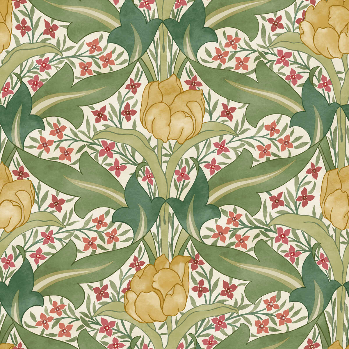 Tulip & Jasmine - Red/Green - G P & J BAKER Wallpaper