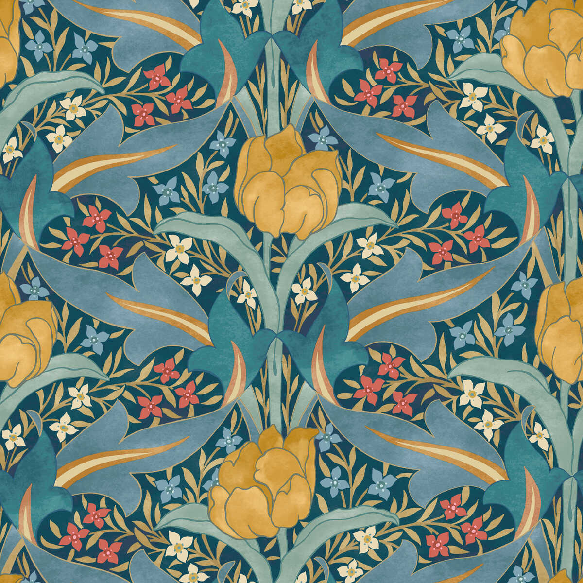 Tulip & Jasmine - Teal - G P & J BAKER Wallpaper