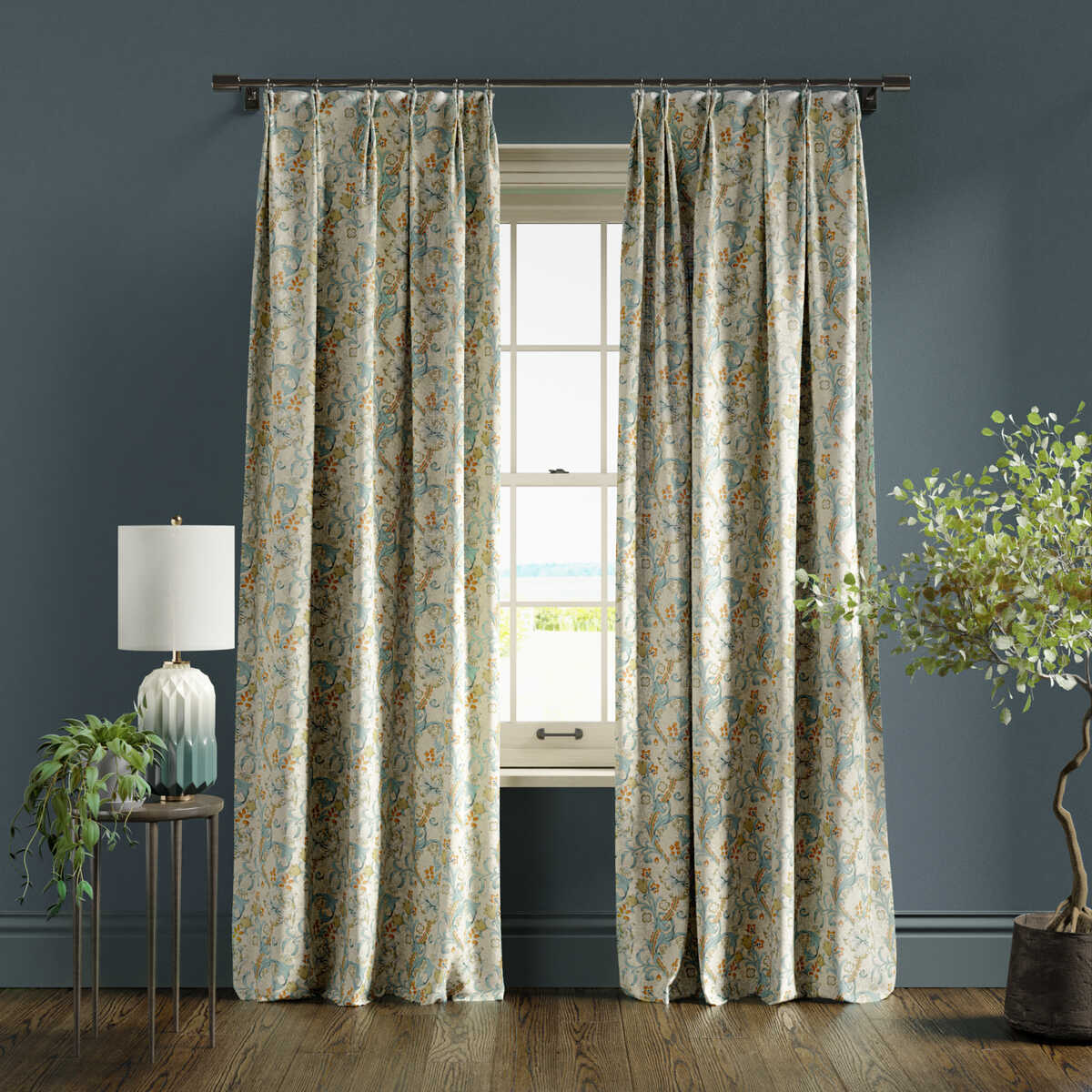 Golden Lily - Linen/Teal - CLARKE AND CLARKE Fabric