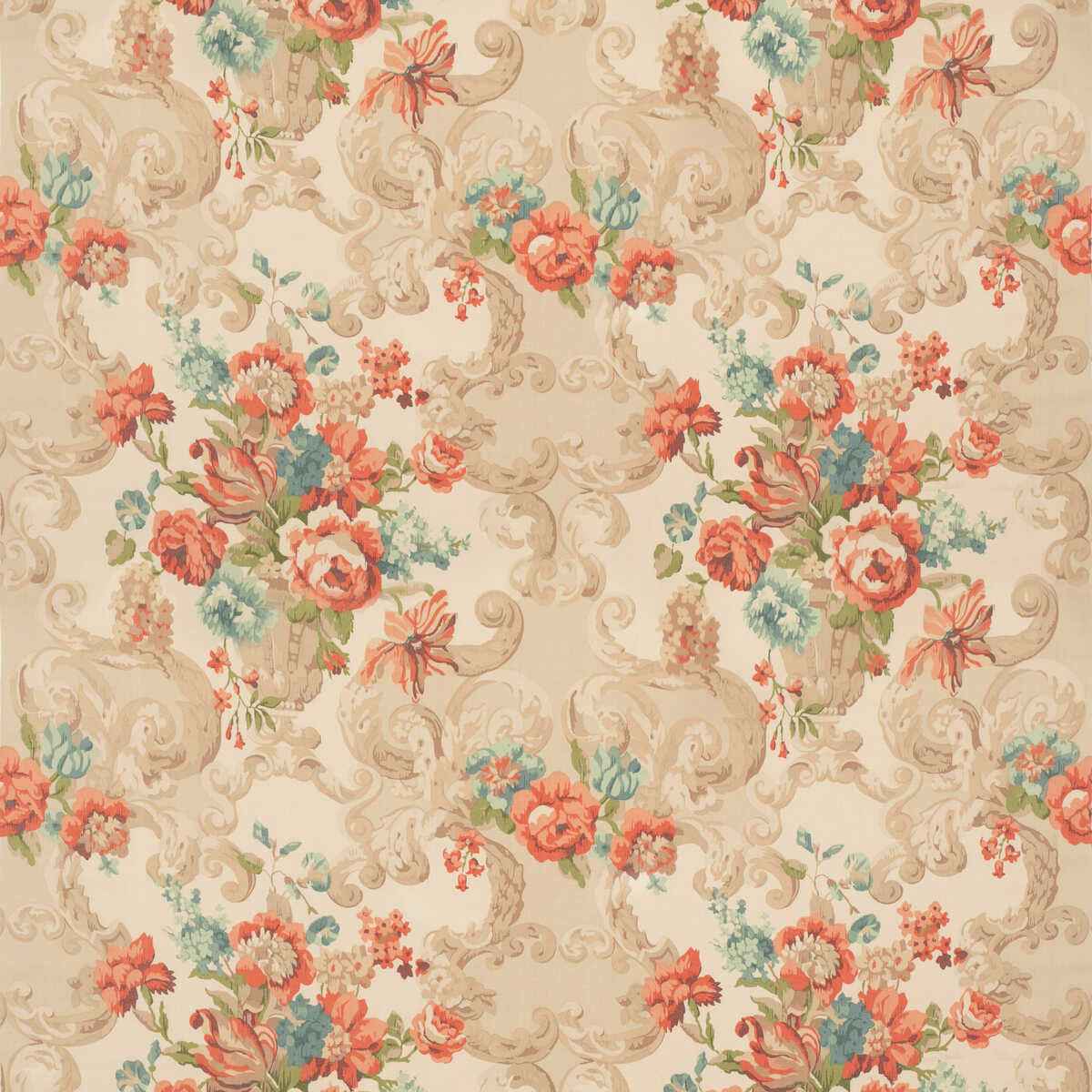 Fd2011v1170 Floral Rococo Red Green Mulberry Fabric