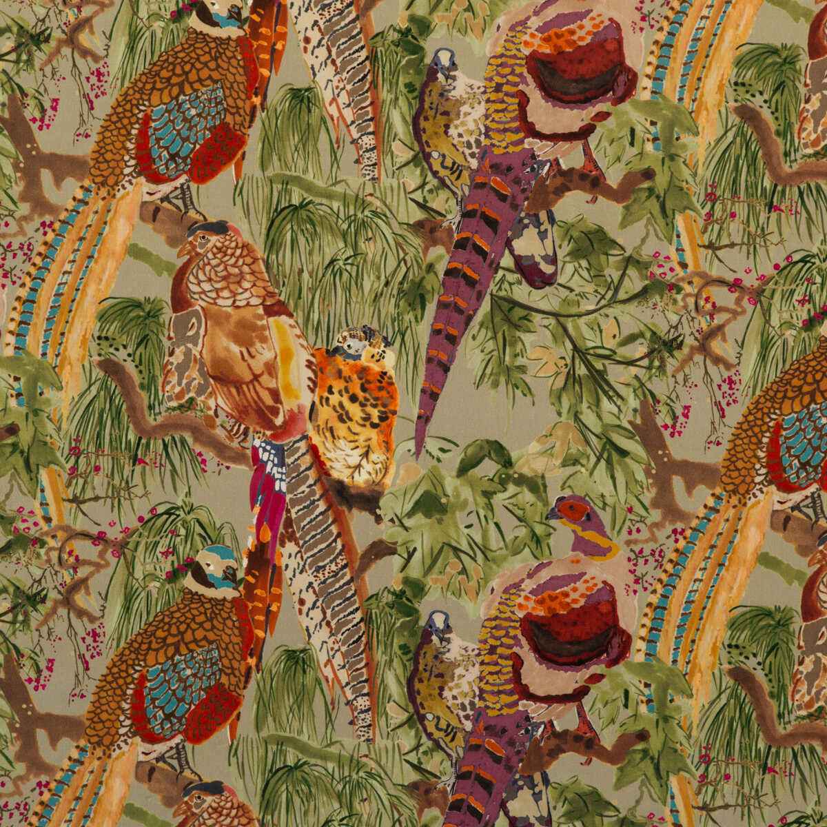 Fd268h460 Game Birds Velvet Fig Multi Mulberry Fabric