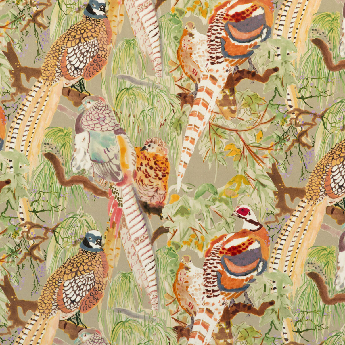 Game Birds Velvet - Stone/Multi - Mulberry Fabric