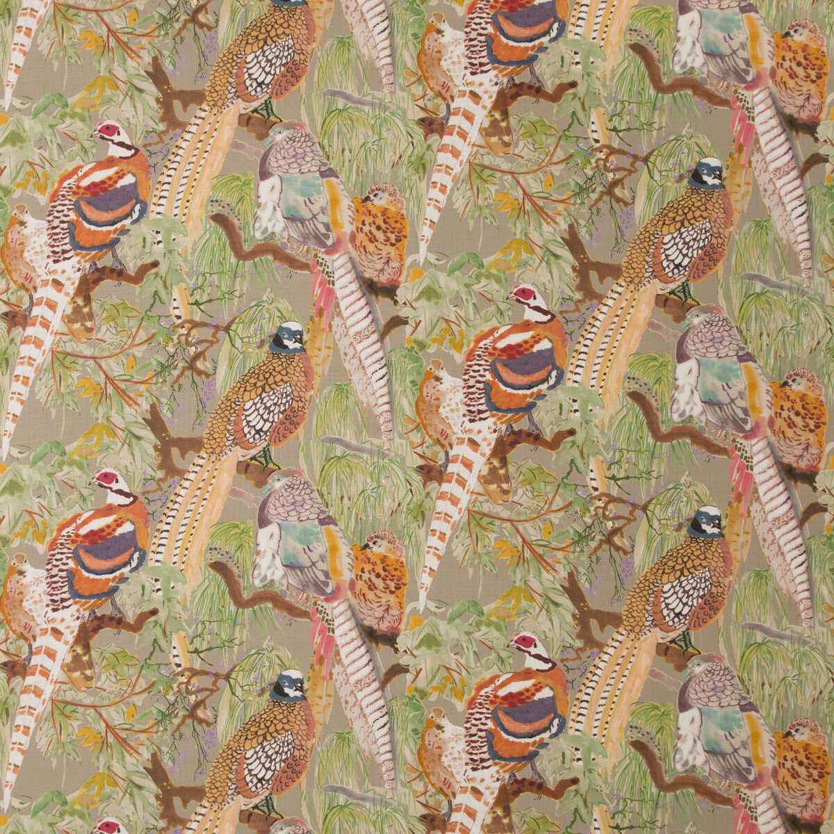 Fd269k1020 Game Birds Linen Stone Multi Mulberry Fabric