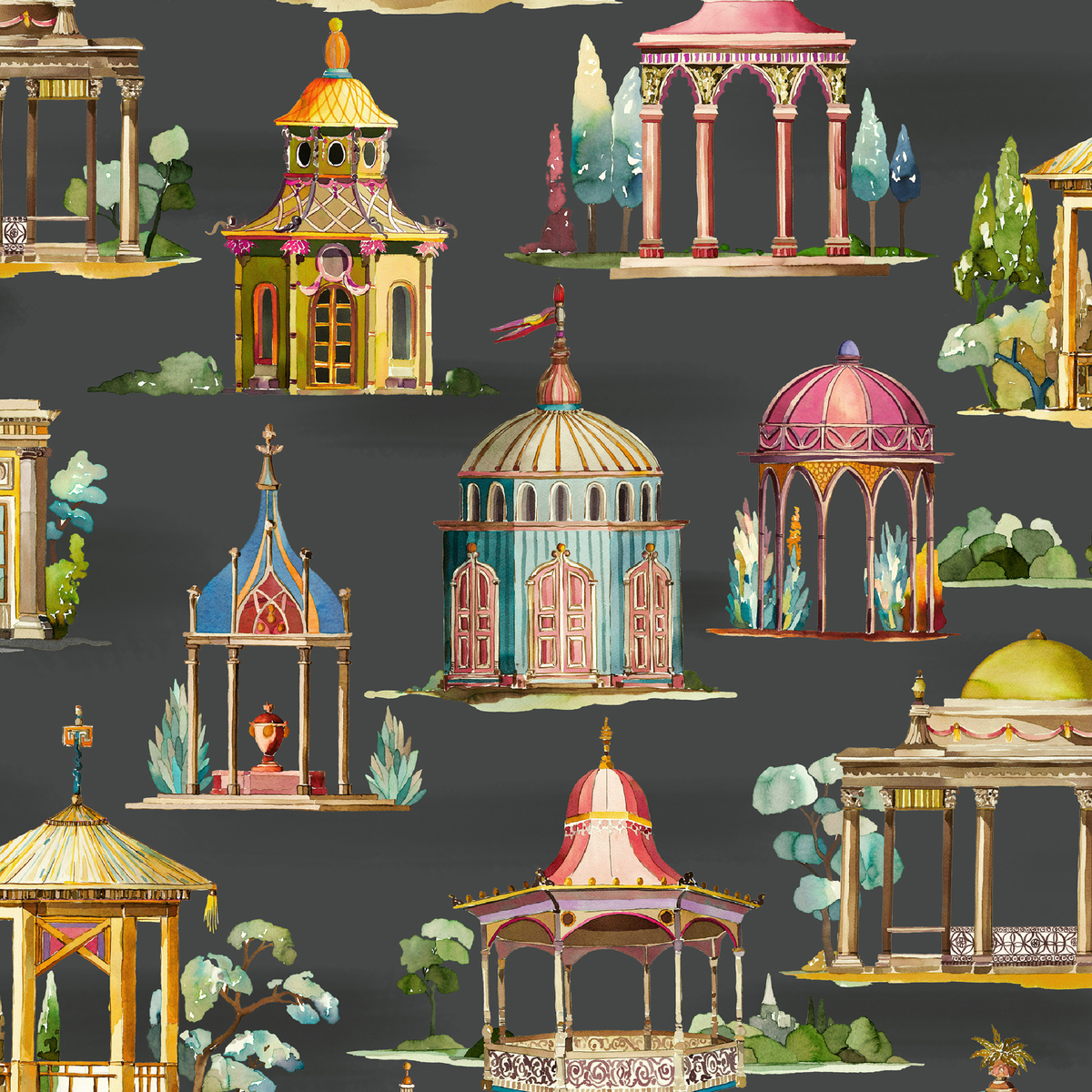 Follies - Ebony - Mulberry Wallpaper