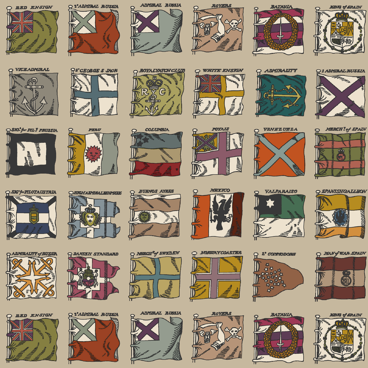 Naval Ensigns - Red/Plum - Mulberry Wallpaper