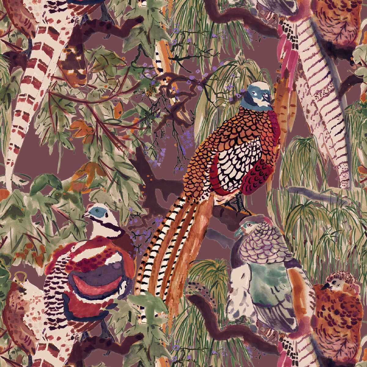 Fg101v540 Game Birds Red Plum Mulberry Wallpaper