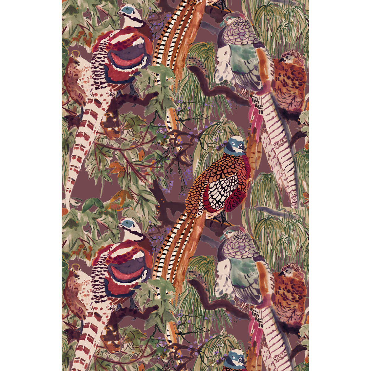 Game Birds - Red/Plum - MULBERRY Wallpaper