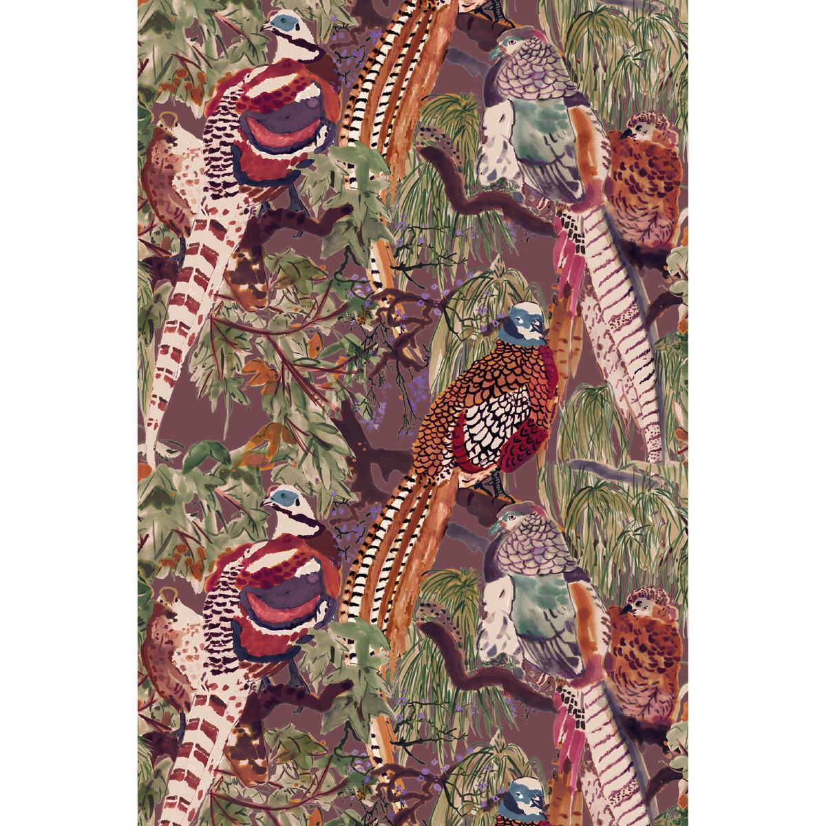 Game Birds - Red/Plum - Mulberry Wallpaper