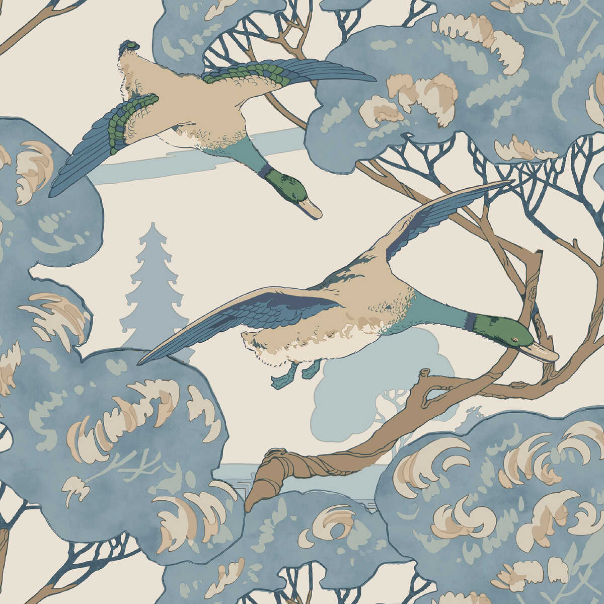 Grand Flying Ducks - Blue - MULBERRY Papel pintado