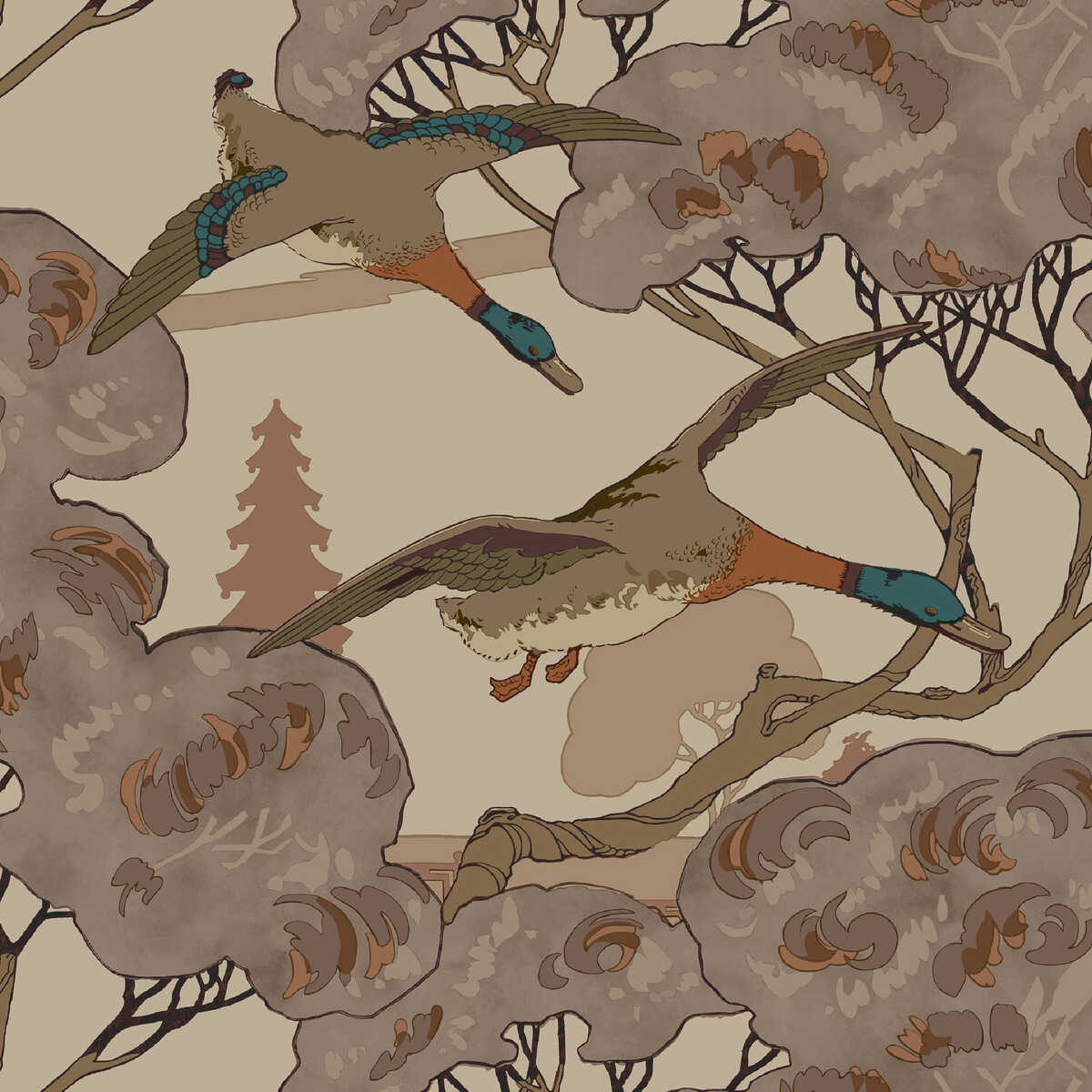 Grand Flying Ducks - Plum - MULBERRY Papel pintado
