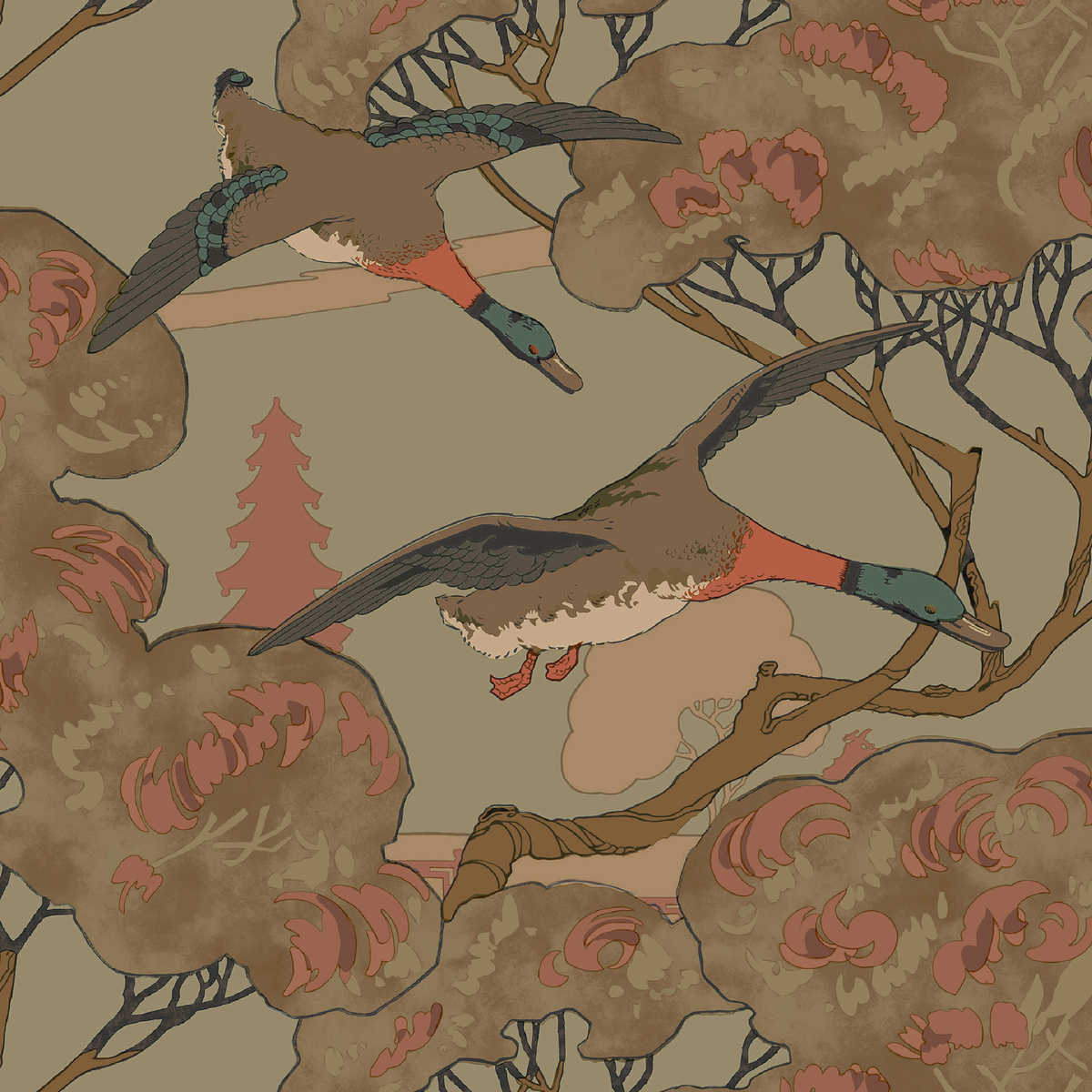 Grand Flying Ducks - Sage - Mulberry Wallpaper