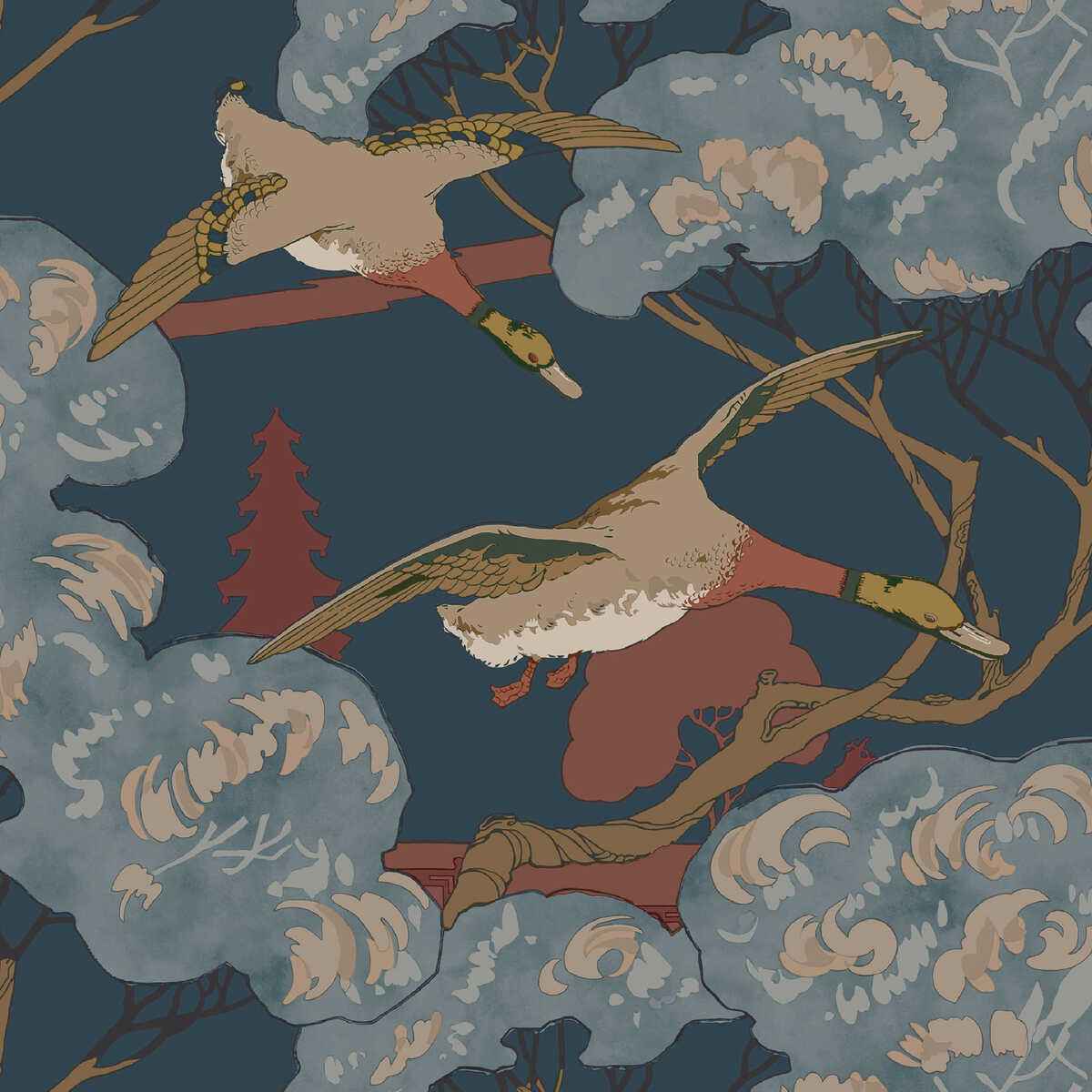 Fg102v1100 Grand Flying Ducks Red Blue Mulberry Wallpaper