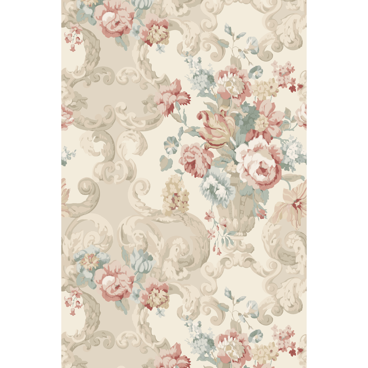 Floral Rococo - Lovat/Red - Mulberry Wallpaper