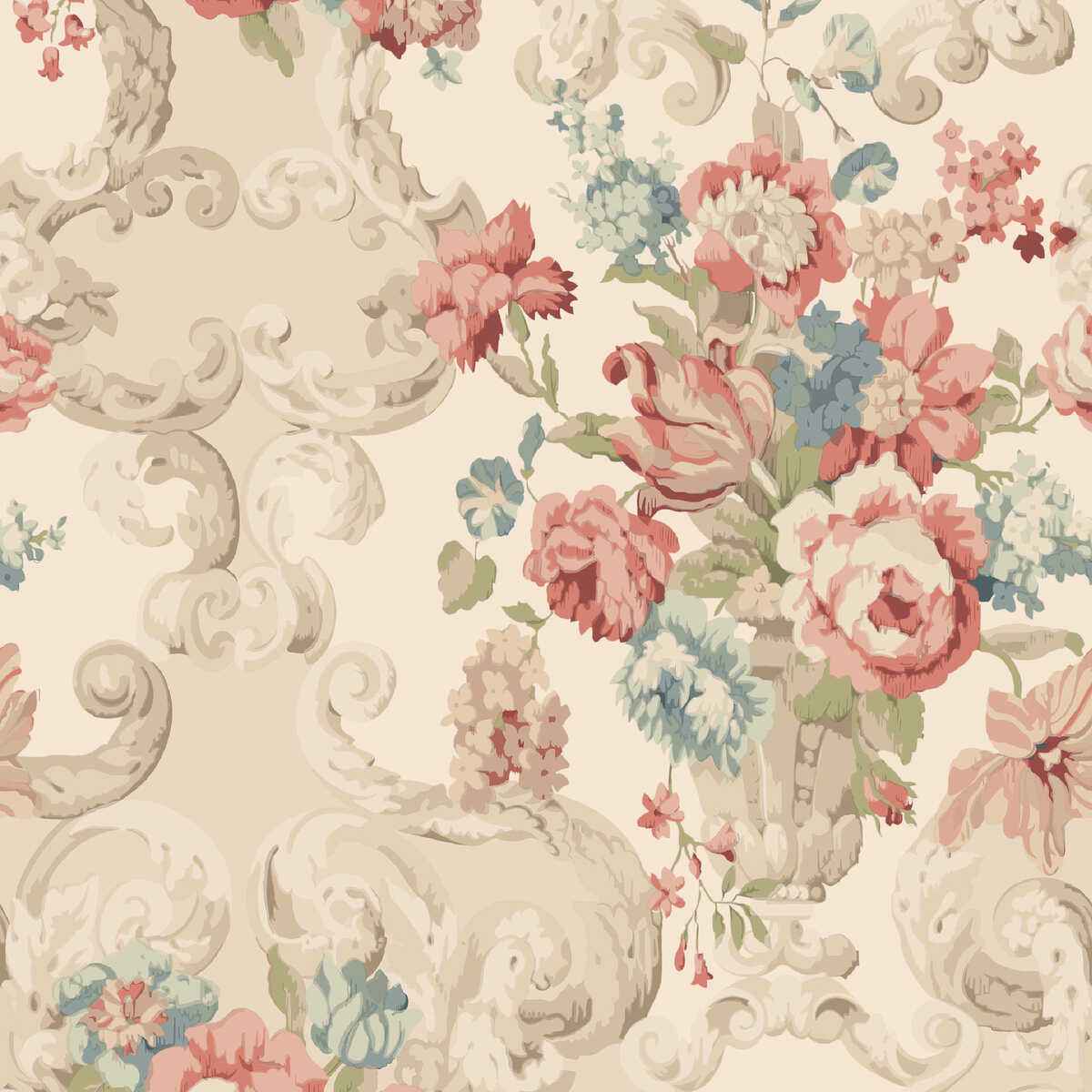 Fg103v1170 Floral Rococo Red Green Mulberry Wallpaper - MULBERRY Wallpaper