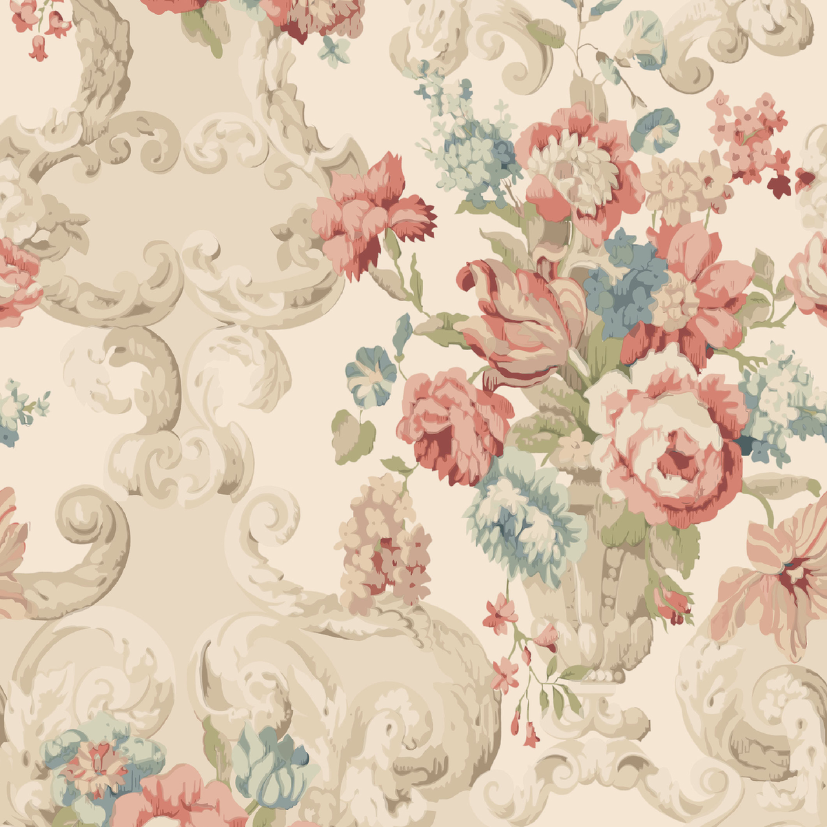 Floral Rococo - Red/Green - Mulberry Wallpaper
