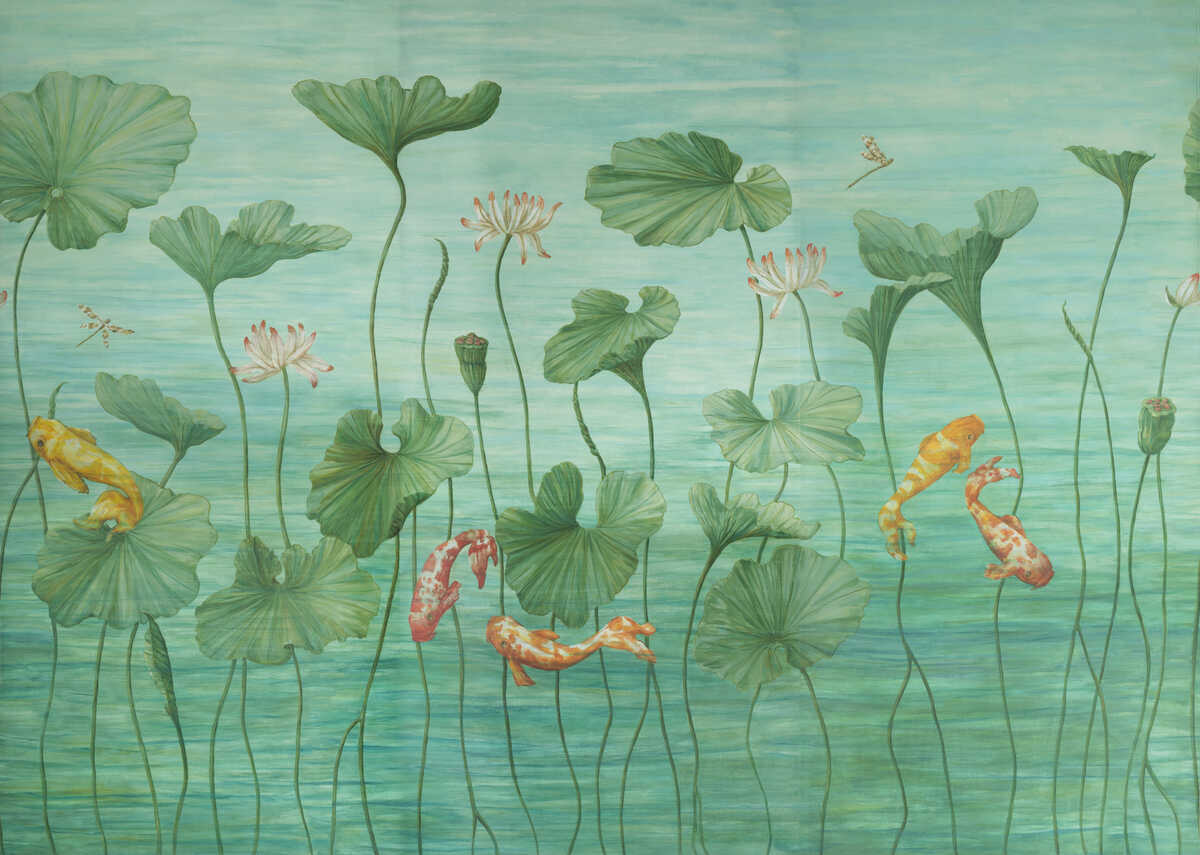 Koi Pond Mural - Teal - BRUNSCHWIG & FILS Wallpaper