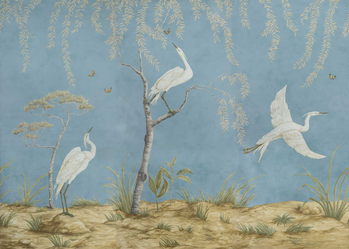 Egret Marsh Mural - Blue - BRUNSCHWIG & FILS Wallpaper