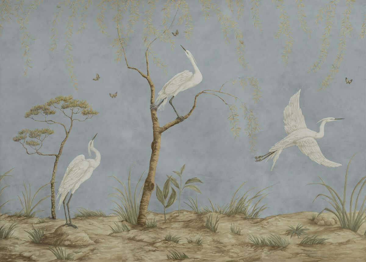 Egret Marsh Mural Met - Mist - BRUNSCHWIG & FILS Wallpaper