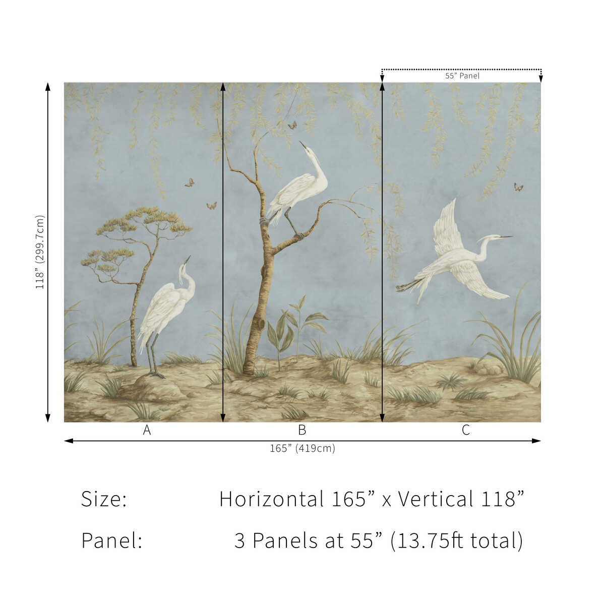 Egret Marsh Mural Met - Mist - BRUNSCHWIG & FILS Wallpaper