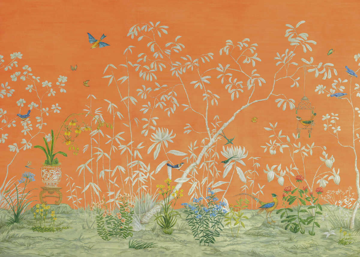 Jardin Yili Mural - Orange - BRUNSCHWIG & FILS Wallpaper