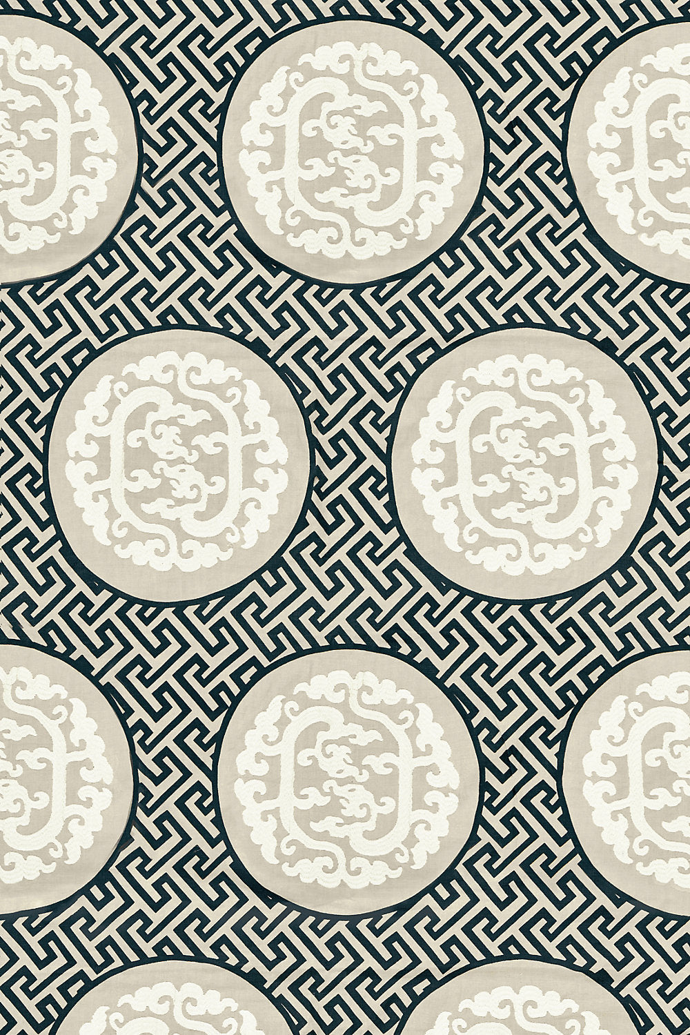 Dragon'S Fret Embroidery - Black & Tan - Scalamandre Fabric