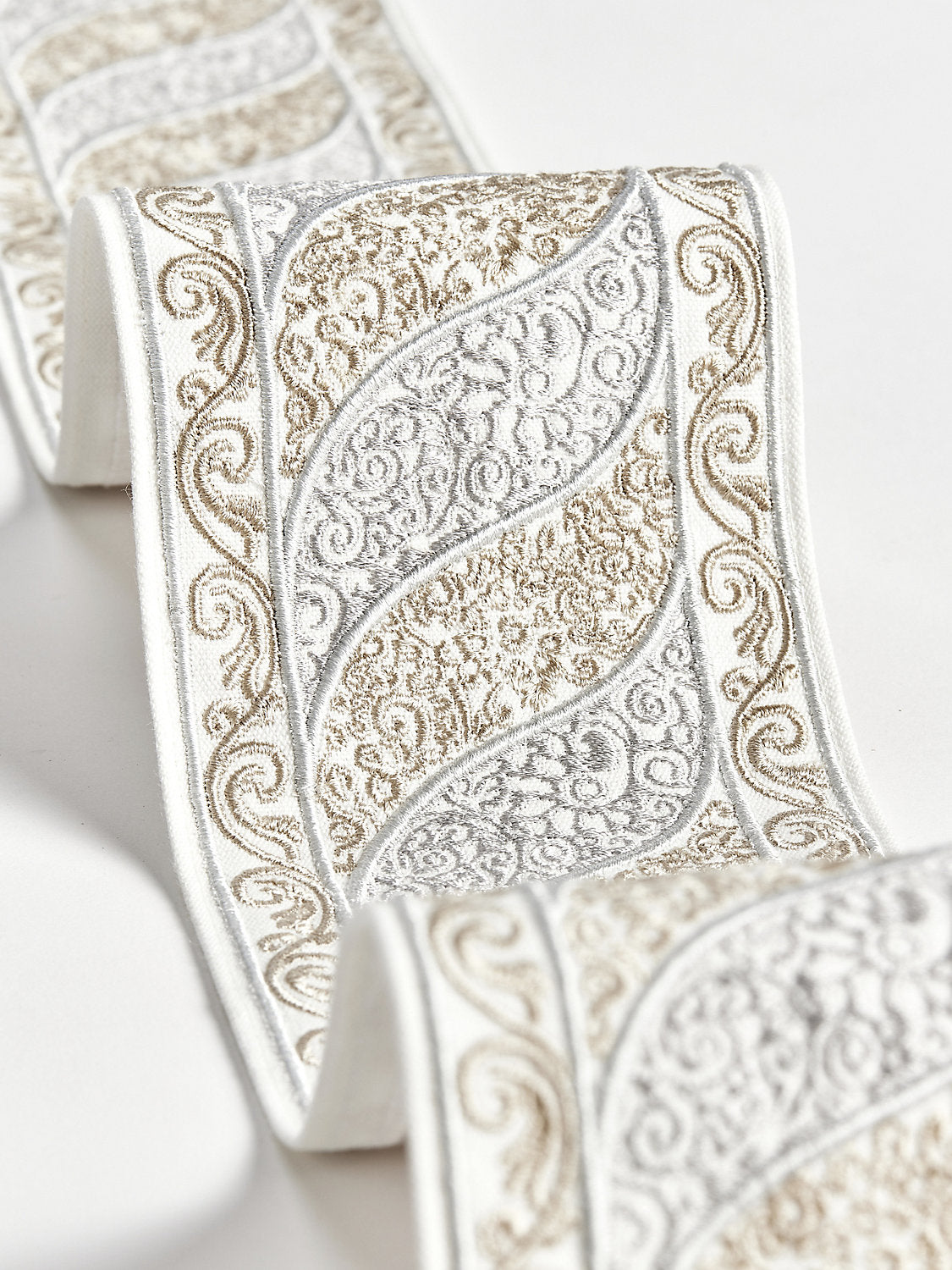 Paisley Embroidered Tape - Silver Sand