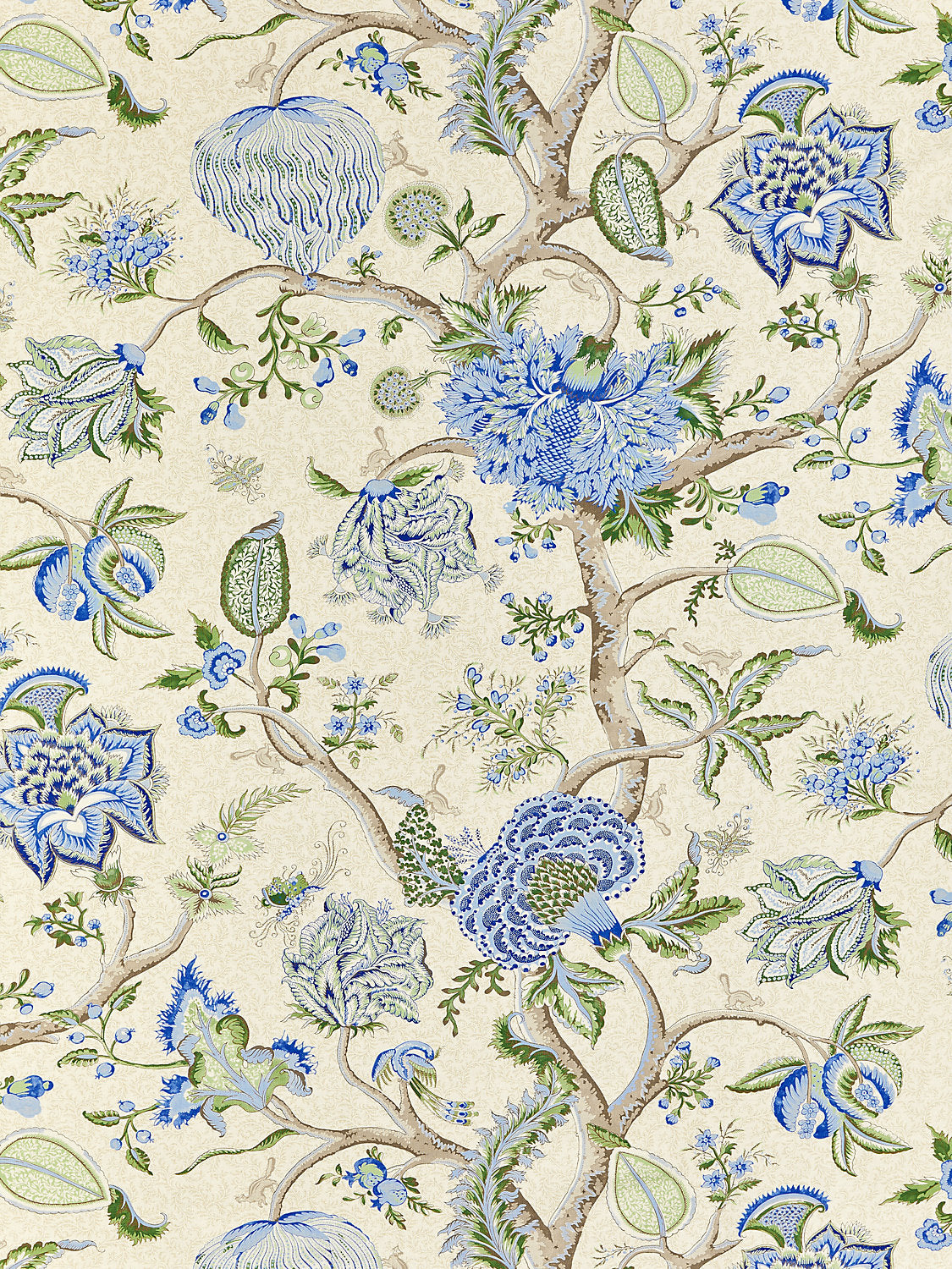 Pondicherry Cotton Print - Blue, Green On Cream