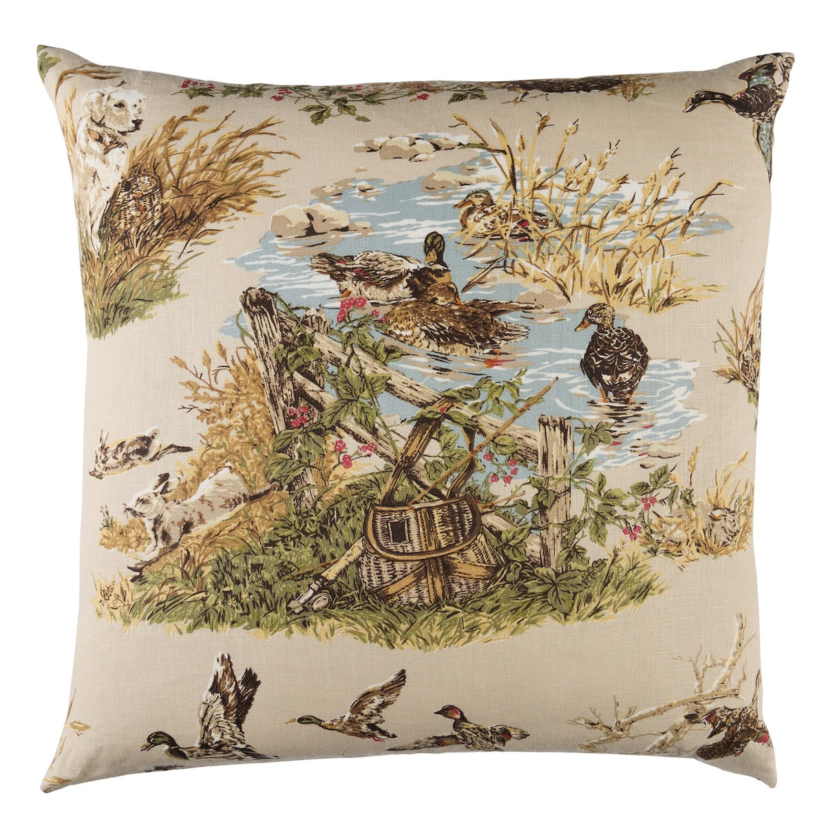 Schumacher Dog & Duck Pillow pillow in Alabaster, 22" x 22"