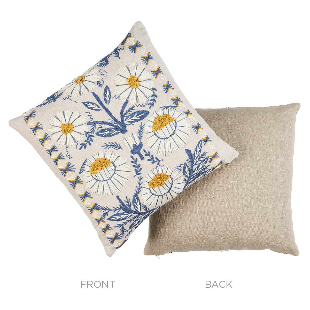 Schumacher Marguerite Embroidery Pillow pillow in Blue & Ochre, 20" x 20" view 3 - Schumacher Pillow
