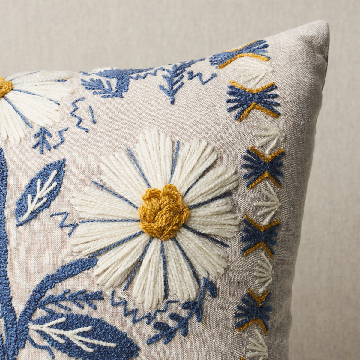 Schumacher Marguerite Embroidery Pillow pillow in Blue & Ochre, 20" x 20" view 4 - Schumacher Pillow