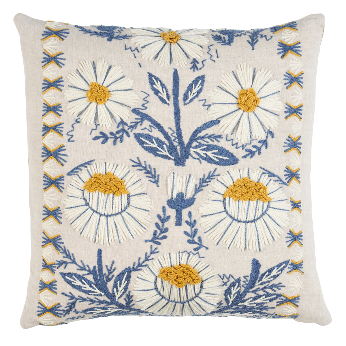 Schumacher Marguerite Embroidery Pillow pillow in Blue & Ochre, 20" x 20" - Schumacher Pillow