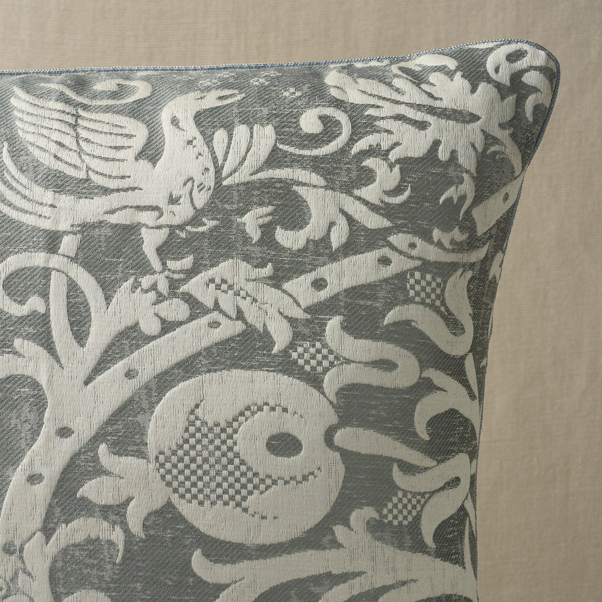 Schumacher Dougal Damask Pillow pillow in Mist, 22" x 22" view 2 - Schumacher Pillow