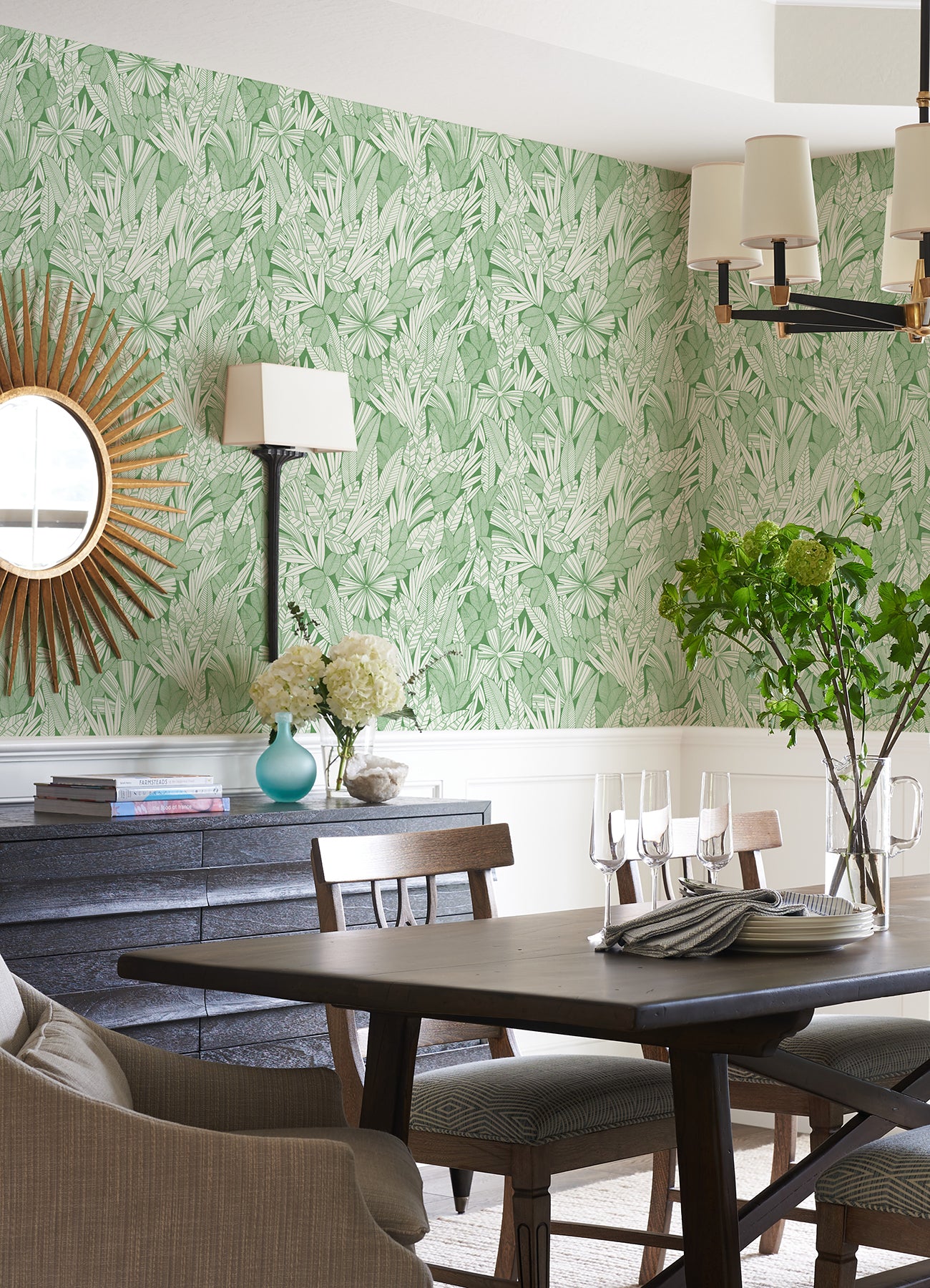 Bannon Green Leaves Wallpaper - Brewster Wallcovering
