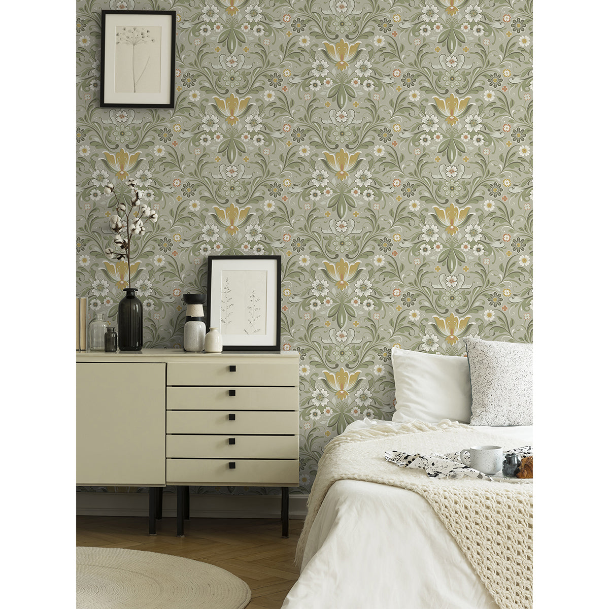 Ostanskar Green Retro Floral Wallpaper - Brewster Wallcovering
