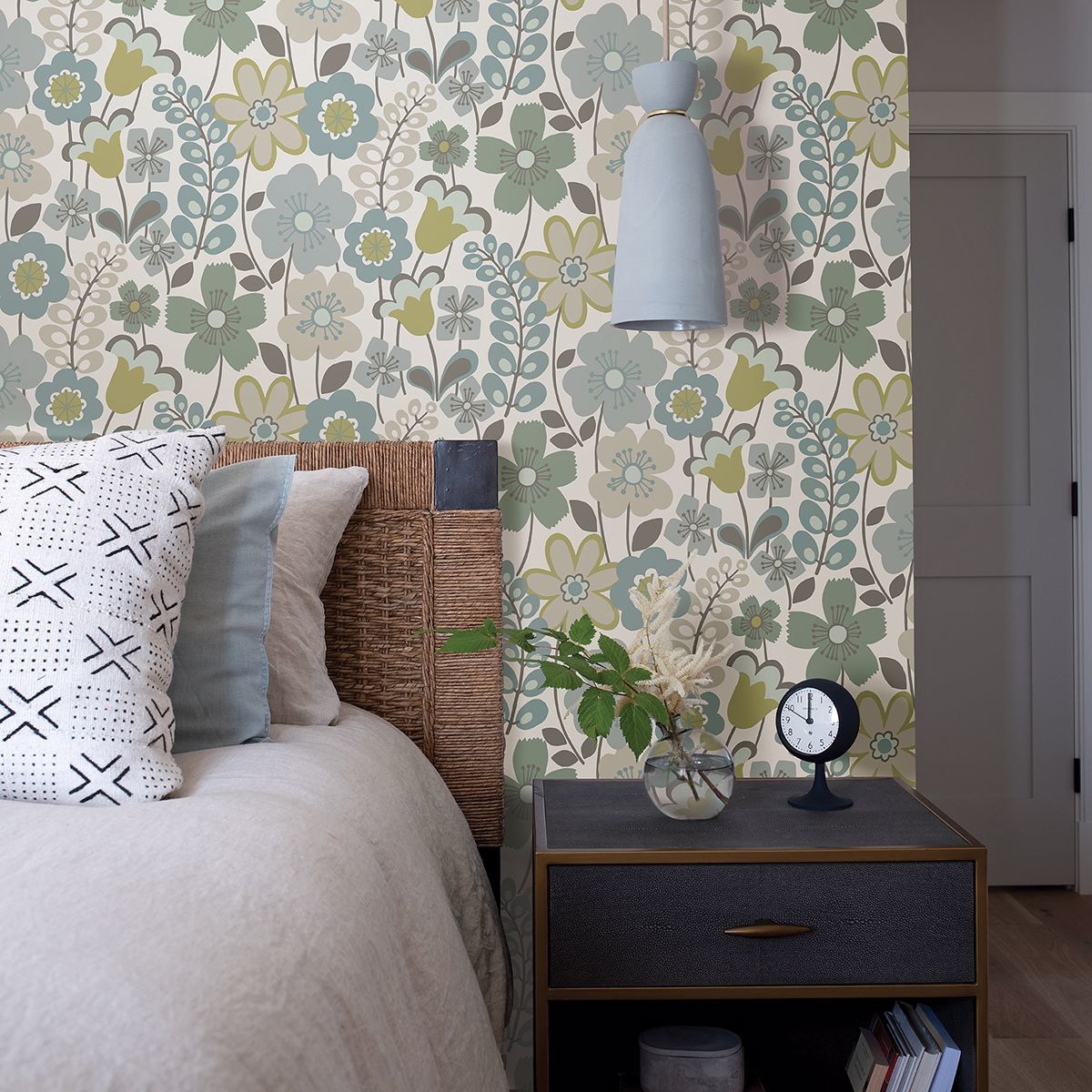 Piper Green Floral Wallpaper - Brewster Wallcovering
