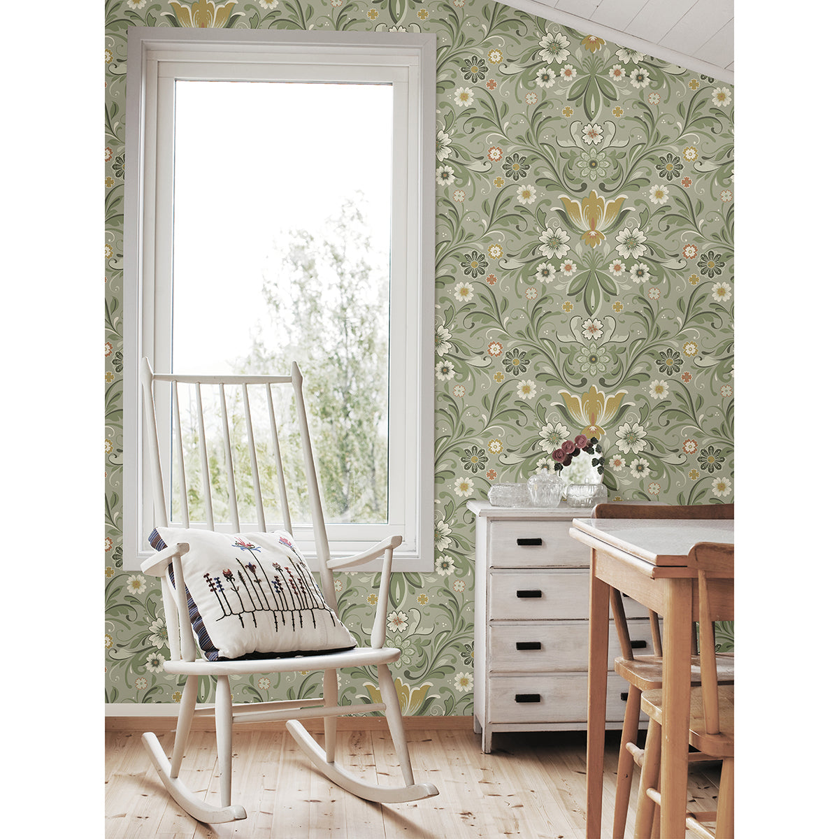 Ostanskar Green Retro Floral Wallpaper - Brewster Wallcovering