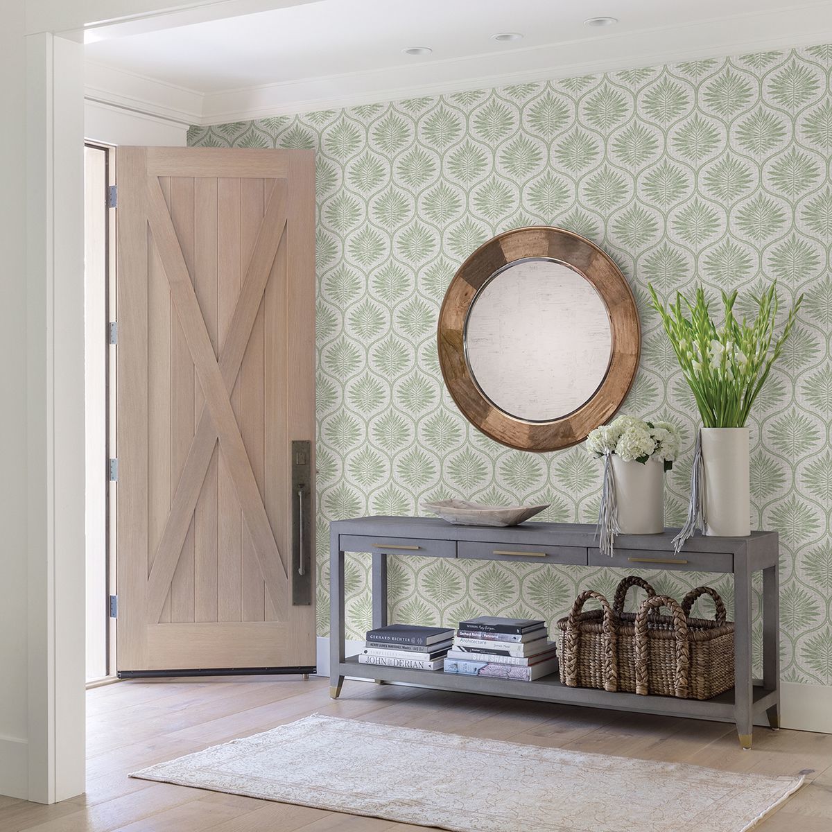 Laurel Light Green Ogee Wallpaper - Brewster Wallcovering