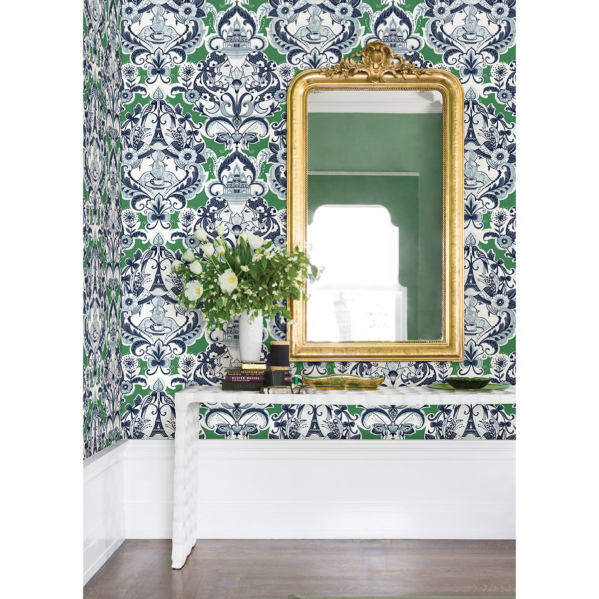 Sadie Green Parisian Damask Wallpaper - Brewster Wallcovering