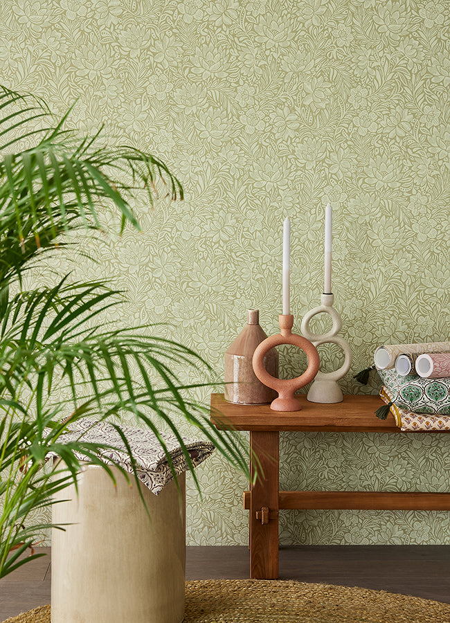 Zahara Olive Floral Wallpaper - York Wallcovering