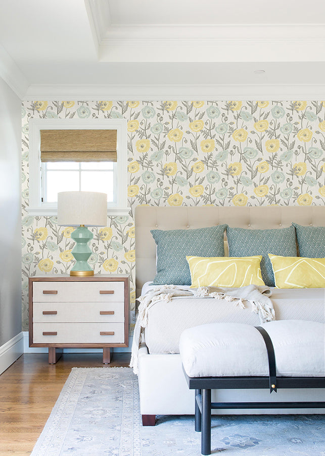 Aqua Poppy Field Peel and Stick Wallpaper - Brewster Wallcovering