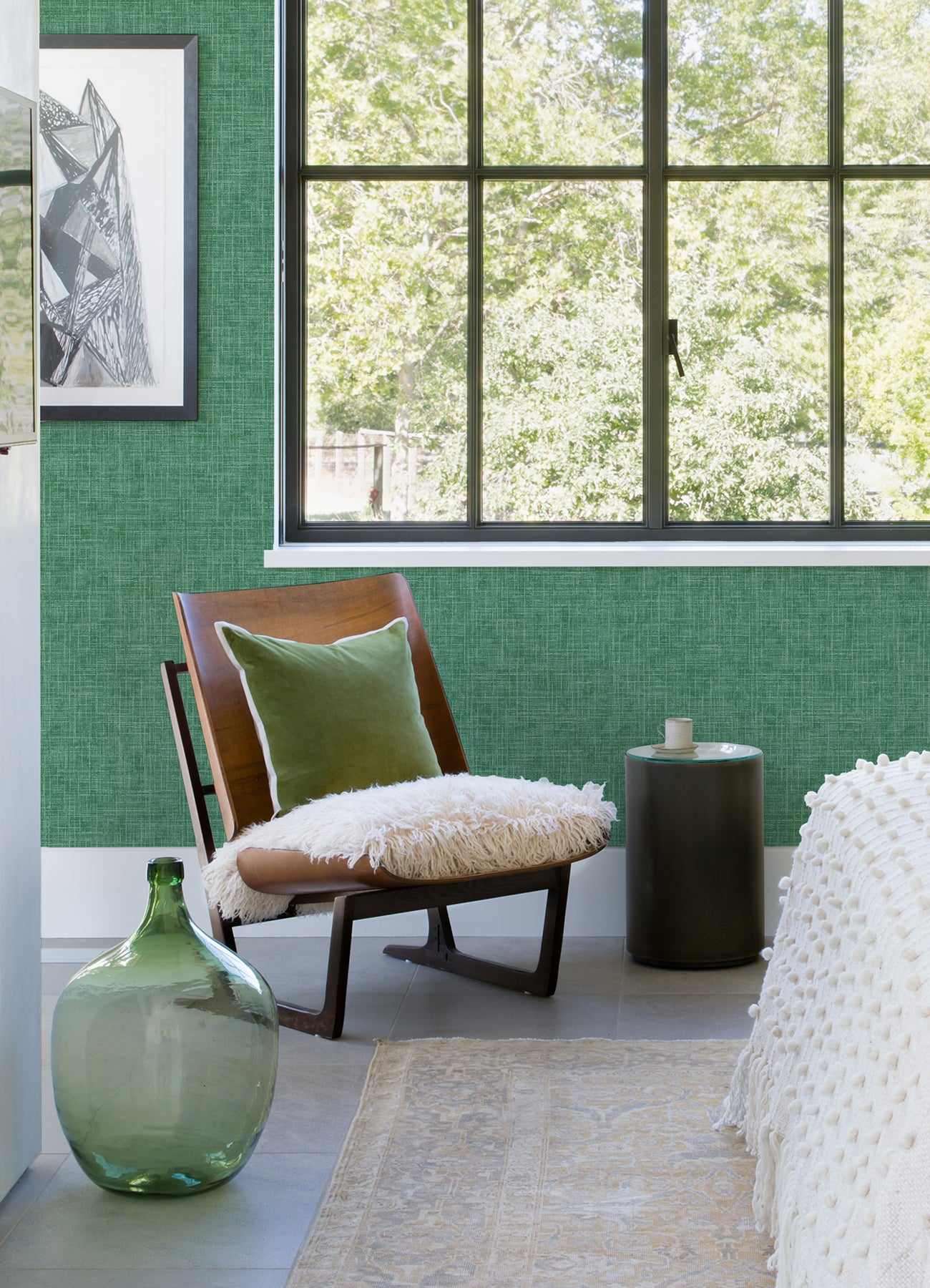 Emerson Green Faux Linen Wallpaper - Brewster Wallcovering