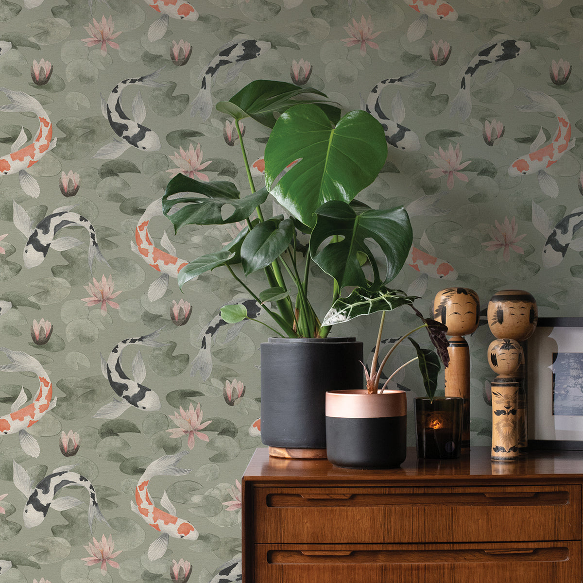 Nobu Green Koi Fish Wallpaper - Brewster Wallcovering