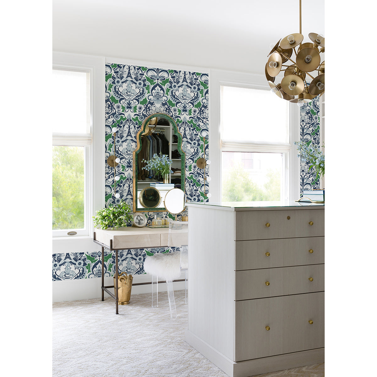Sadie Green Parisian Damask Wallpaper - Brewster Wallcovering