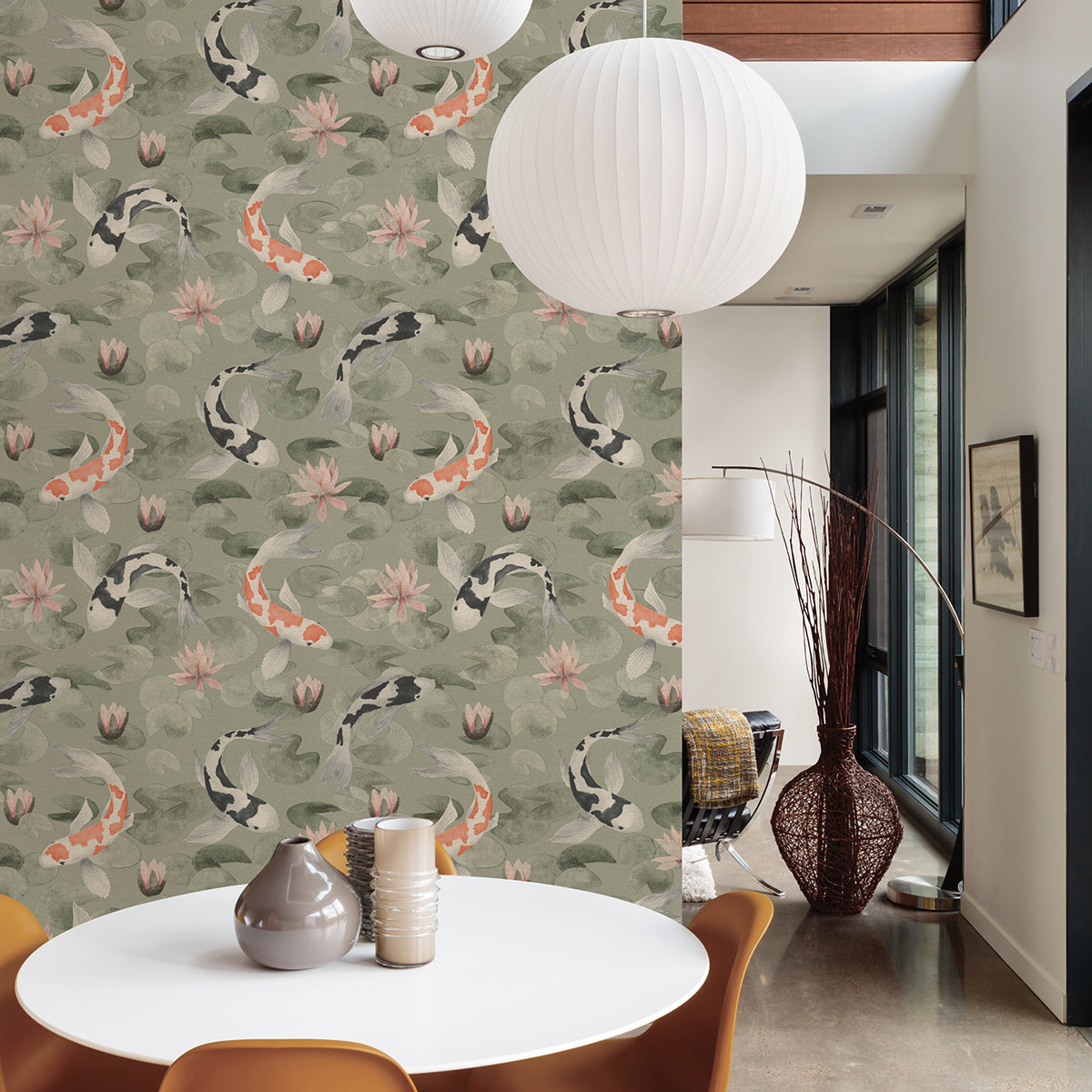 Nobu Green Koi Fish Wallpaper - Brewster Wallcovering