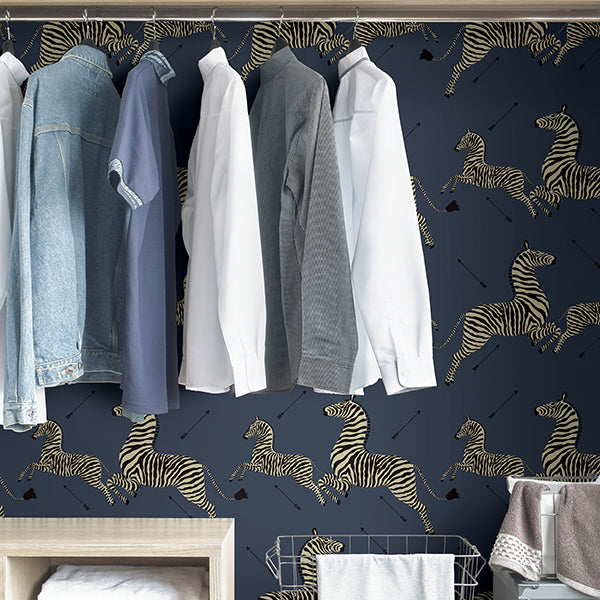 Denim Zebra Safari Scalamandré Self Adhesive Wallpaper - Brewster Wallcovering